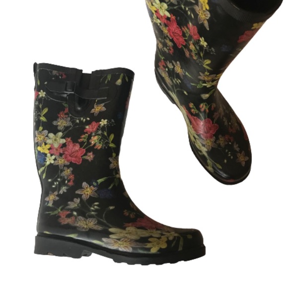 black floral rain boots